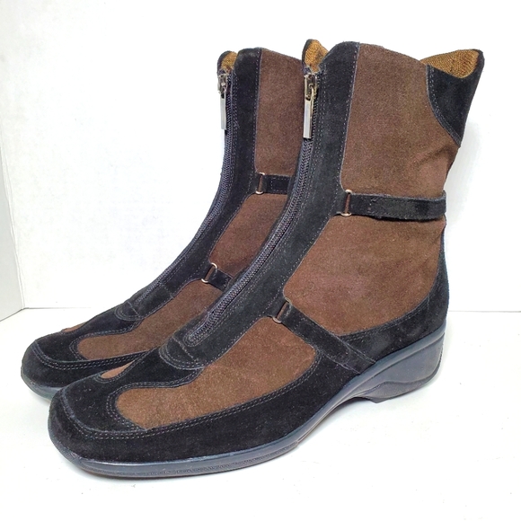 Aquatalia Suede Brown & Black Colorblock Pattern Riding Boots - Picture 1 of 9